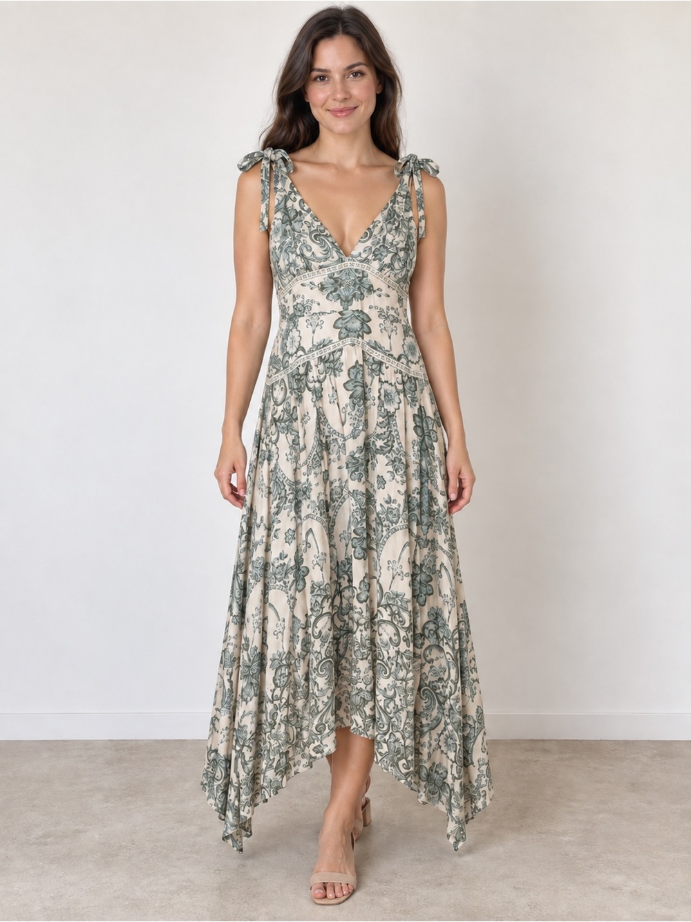 Parker Silt Green Floral V-Neck Flowy Handkerchief Hem Maxi Dress Size 10 NWT